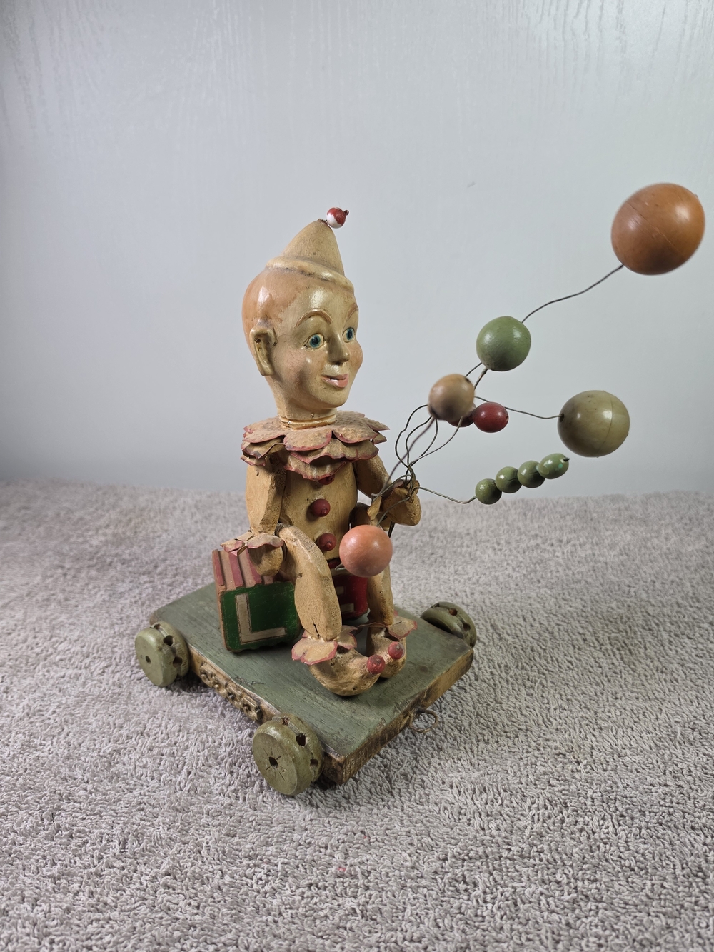 Wooden Clown Pull Toy with Colorful Bead Balloons - Yellow/Green